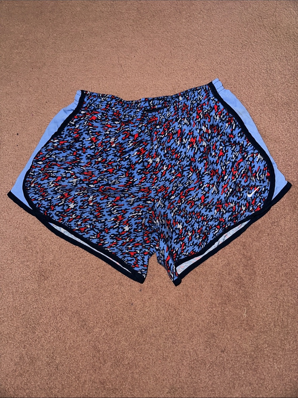 Nike Girls Tempo Shorts Blue Multi-Pattern Athletic Shorts with Black Trim